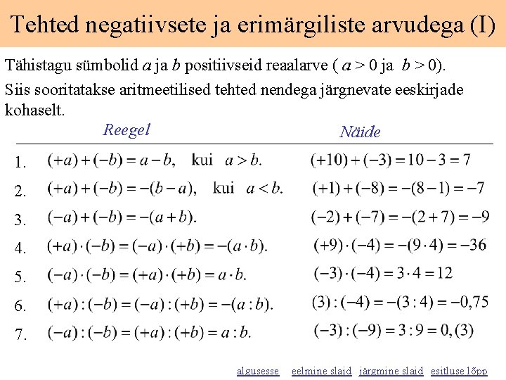 Tehted negatiivsete ja erimärgiliste arvudega (I) Tähistagu sümbolid a ja b positiivseid reaalarve (