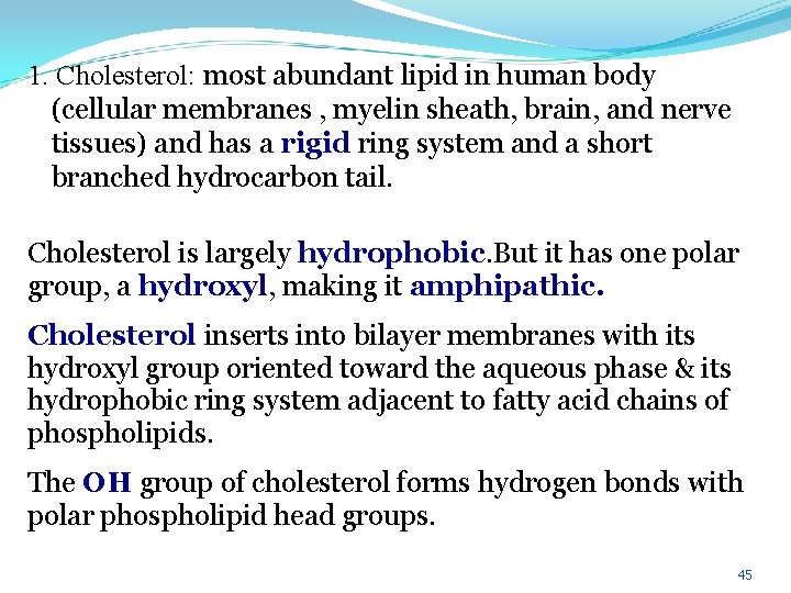 1. Cholesterol: most abundant lipid in human body (cellular membranes , myelin sheath, brain,