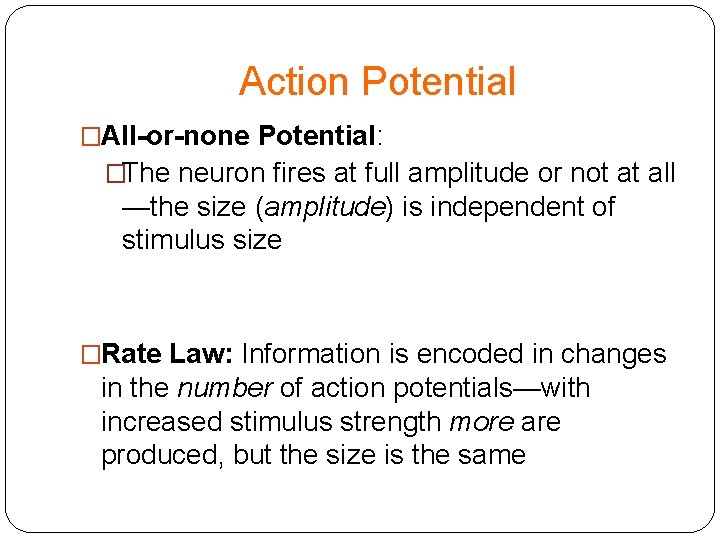 Action Potential �All-or-none Potential: �The neuron fires at full amplitude or not at all