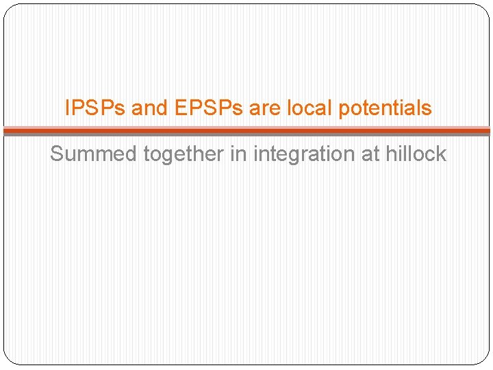 IPSPs and EPSPs are local potentials Summed together in integration at hillock 
