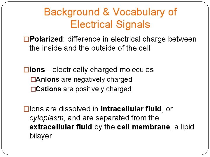 Background & Vocabulary of Electrical Signals �Polarized: difference in electrical charge between the inside