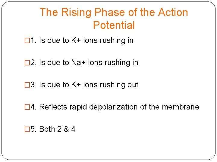 The Rising Phase of the Action Potential � 1. Is due to K+ ions