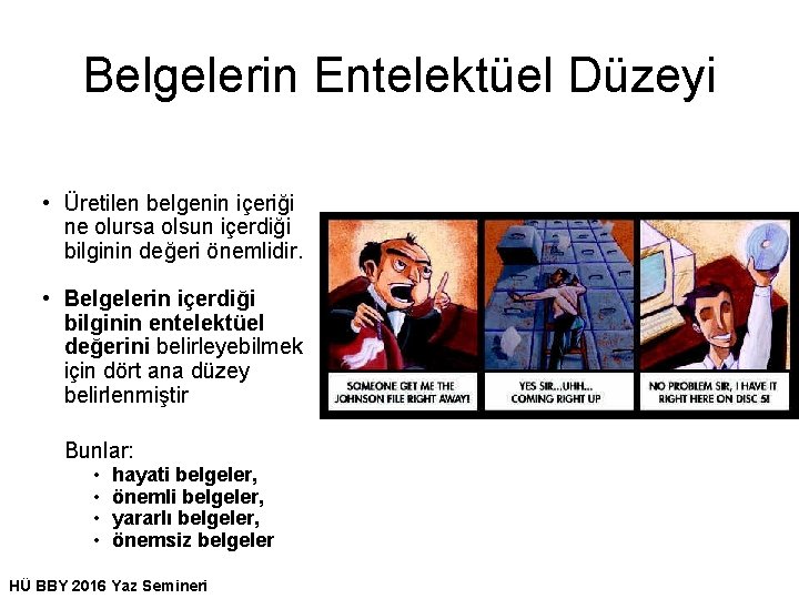 Belgelerin Entelektüel Düzeyi • Üretilen belgenin içeriği ne olursa olsun içerdiği bilginin değeri önemlidir.