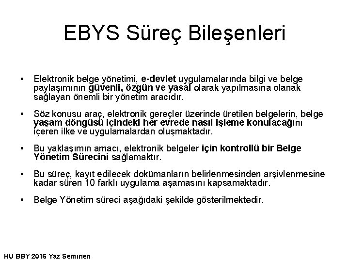 EBYS Süreç Bileşenleri • Elektronik belge yönetimi, e-devlet uygulamalarında bilgi ve belge paylaşımının güvenli,