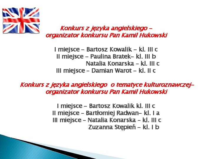Konkurs z języka angielskiego organizator konkursu Pan Kamil Hukowski I miejsce - Bartosz Kowalik Konkurs z języka angielskiego organizator konkursu Pan Kamil Hukowski I miejsce - Bartosz Kowalik