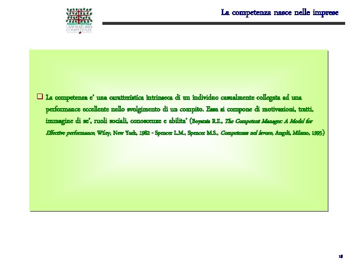 La competenza nasce nelle imprese q La competenza e’ una caratteristica intrinseca di un