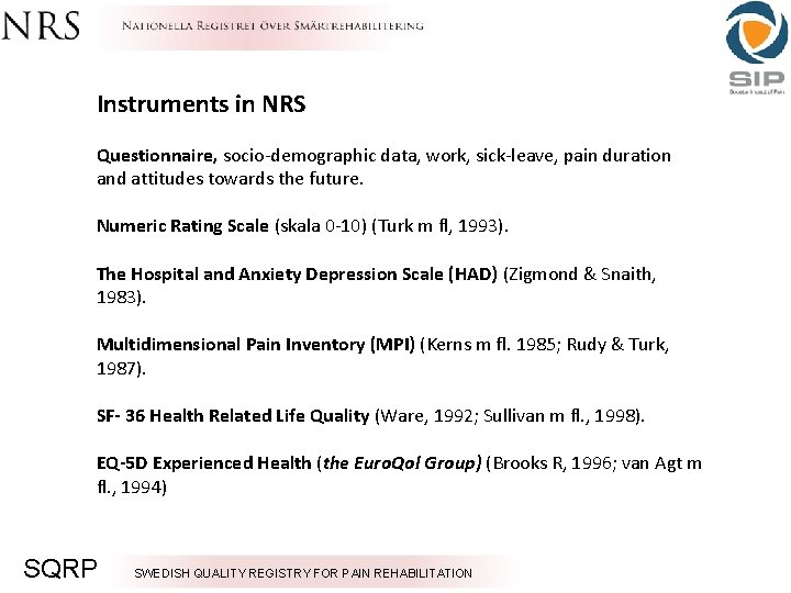 Instruments in NRS Questionnaire, socio-demographic data, work, sick-leave, pain duration and attitudes towards the