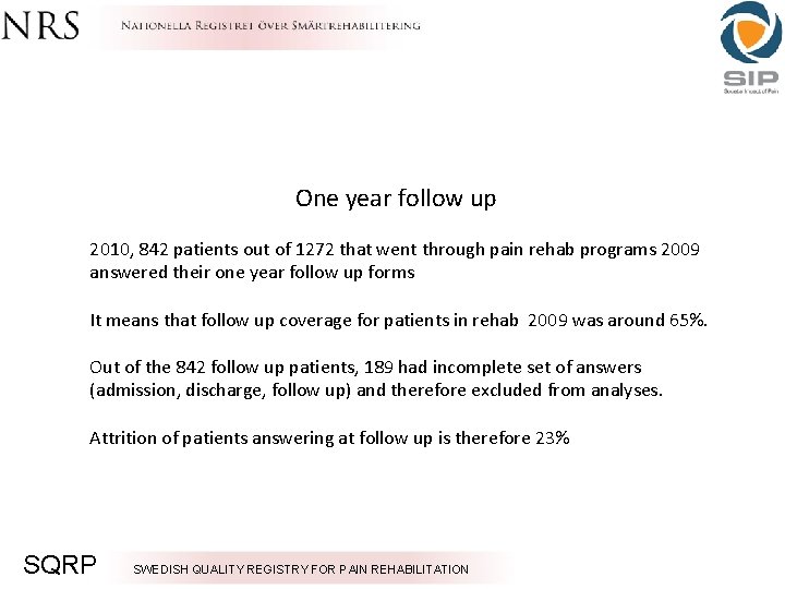 One year follow up 2010, 842 patients out of 1272 that went through pain