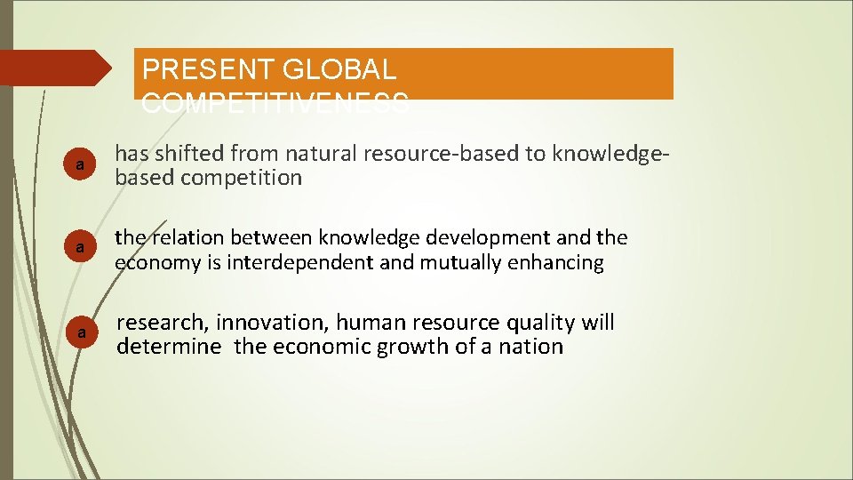 PRESENT GLOBAL COMPETITIVENESS a has shifted from natural resource-based to knowledgebased competition a the