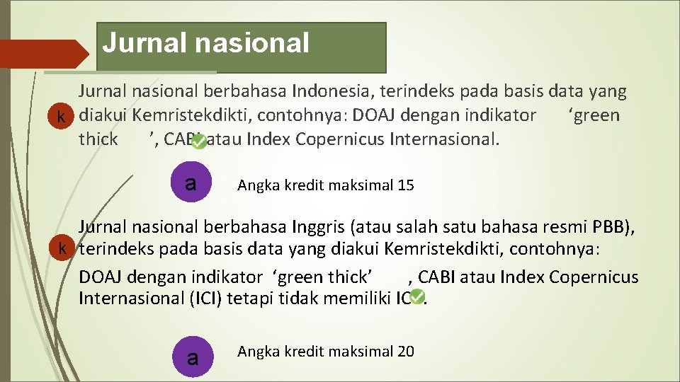 Jurnal nasional berbahasa Indonesia, terindeks pada basis data yang ‘green k diakui Kemristekdikti, contohnya: