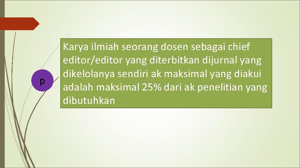 p Karya ilmiah seorang dosen sebagai chief editor/editor yang diterbitkan dijurnal yang dikelolanya sendiri