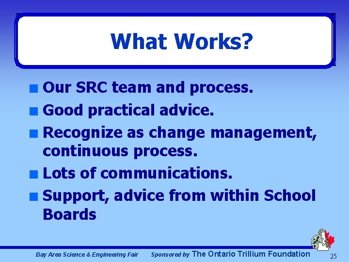 What Works? Our SRC team and process. n Good practical advice. n Recognize as