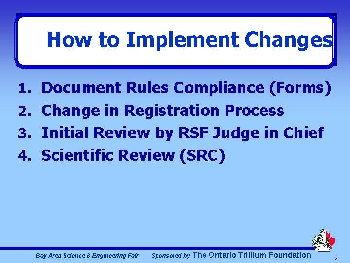 How to Implement Changes 1. Document Rules Compliance (Forms) 2. Change in Registration Process