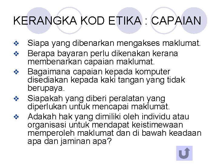 KERANGKA KOD ETIKA : CAPAIAN Siapa yang dibenarkan mengakses maklumat. Berapa bayaran perlu dikenakan