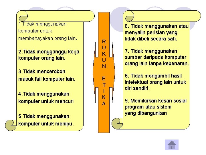 1. Tidak menggunakan komputer untuk membahayakan orang lain. 2. Tidak mengganggu kerja komputer orang