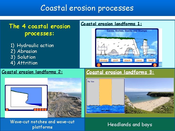 Coastal erosion processes The 4 coastal erosion processes: 1) 2) 3) 4) Coastal erosion