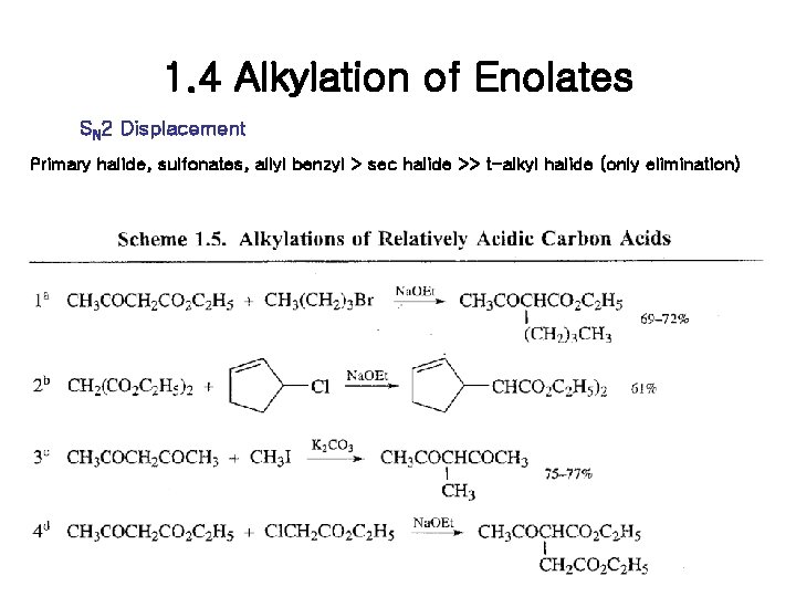 1. 4 Alkylation of Enolates SN 2 Displacement Primary halide, sulfonates, allyl benzyl > 1. 4 Alkylation of Enolates SN 2 Displacement Primary halide, sulfonates, allyl benzyl >