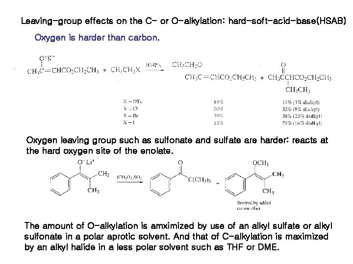 Leaving-group effects on the C- or O-alkylation: hard-soft-acid-base(HSAB) Oxygen is harder than carbon. Oxygen Leaving-group effects on the C- or O-alkylation: hard-soft-acid-base(HSAB) Oxygen is harder than carbon. Oxygen