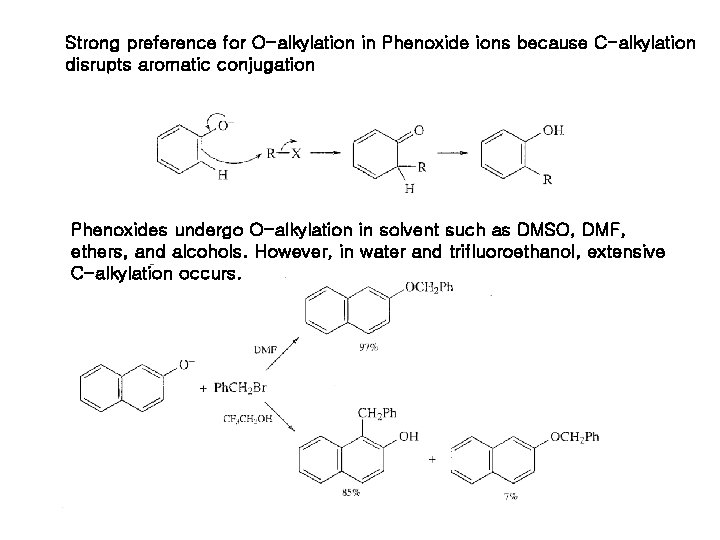 Strong preference for O-alkylation in Phenoxide ions because C-alkylation disrupts aromatic conjugation Phenoxides undergo Strong preference for O-alkylation in Phenoxide ions because C-alkylation disrupts aromatic conjugation Phenoxides undergo