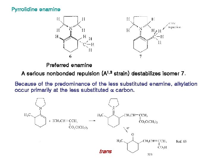 Pyrrolidine enamine Preferred enamine A serious nonbonded repulsion (A 1, 3 strain) destabilizes isomer Pyrrolidine enamine Preferred enamine A serious nonbonded repulsion (A 1, 3 strain) destabilizes isomer