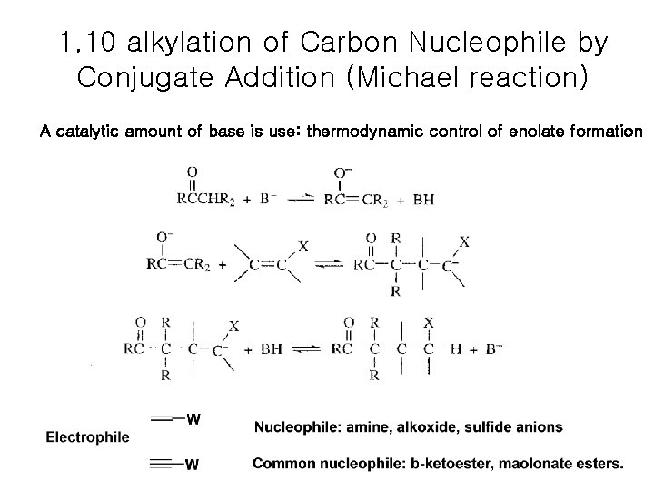 1. 10 alkylation of Carbon Nucleophile by Conjugate Addition (Michael reaction) A catalytic amount 1. 10 alkylation of Carbon Nucleophile by Conjugate Addition (Michael reaction) A catalytic amount