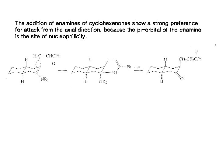 The addition of enamines of cyclohexanones show a strong preference for attack from the The addition of enamines of cyclohexanones show a strong preference for attack from the