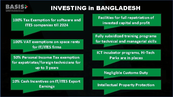 INVESTING in BANGLADESH 100% Tax Exemption for software and ITES companies till 2024 100%