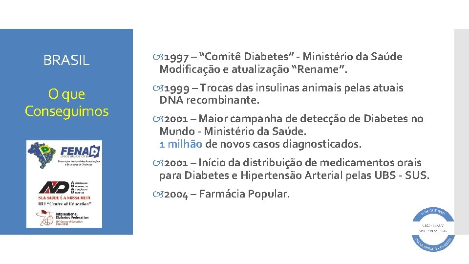 BRASIL 1997 – “Comitê Diabetes” - Ministério da Saúde Modificação e atualização “Rename”. O