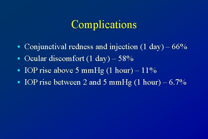 Complications • • Conjunctival redness and injection (1 day) – 66% Ocular discomfort (1