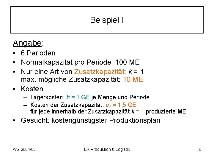 Beispiel I Angabe: • 6 Perioden • Normalkapazität pro Periode: 100 ME • Nur