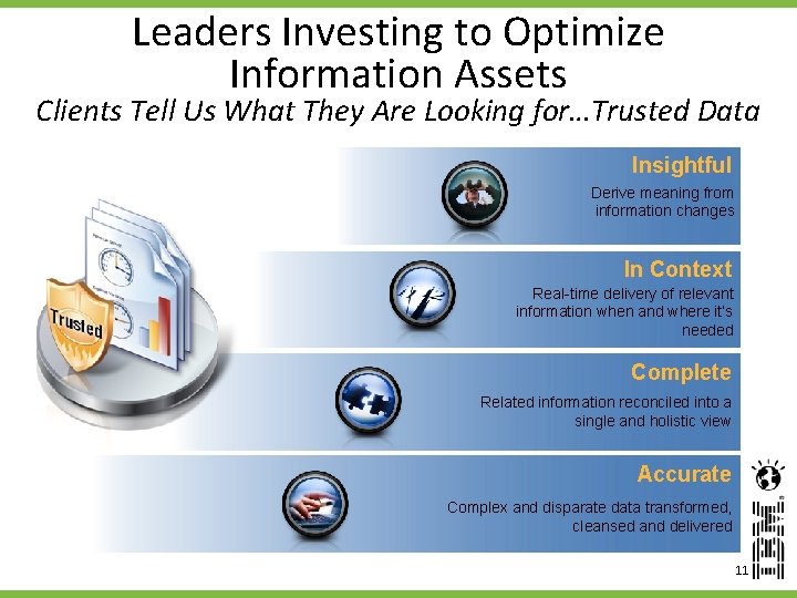 Leaders Investing to Optimize Information Assets Clients Tell Us What They Are Looking for…Trusted
