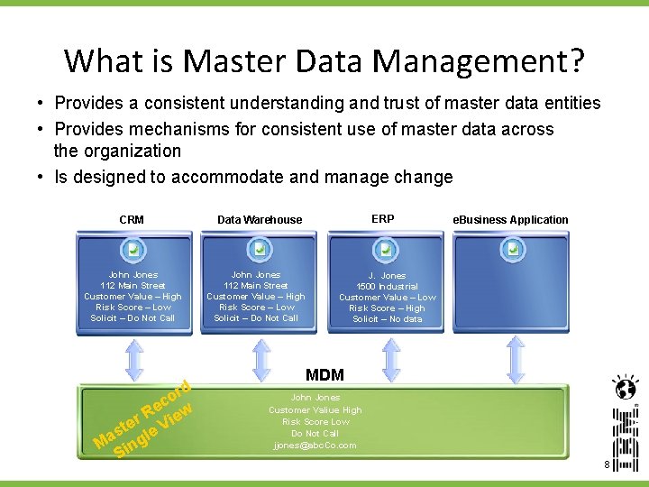 What is Master Data Management? • Provides a consistent understanding and trust of master