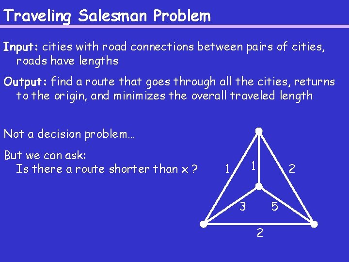 Traveling Salesman Problem Input: cities with road connections between pairs of cities, roads have