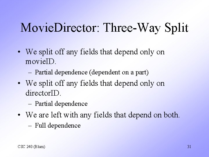 Movie. Director: Three-Way Split • We split off any fields that depend only on