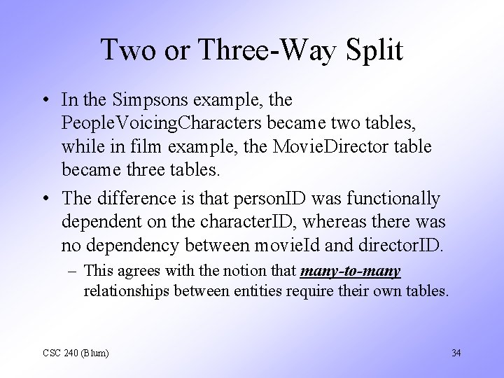 Two or Three-Way Split • In the Simpsons example, the People. Voicing. Characters became