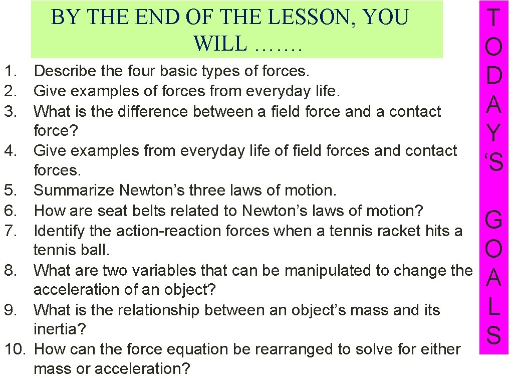 BY THE END OF THE LESSON, YOU WILL ……. 1. Describe the four basic
