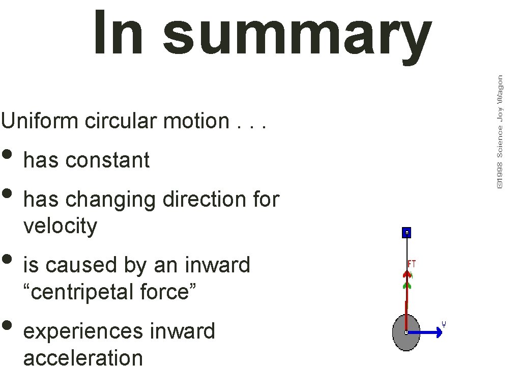 In summary Uniform circular motion. . . • has constant speed • has changing