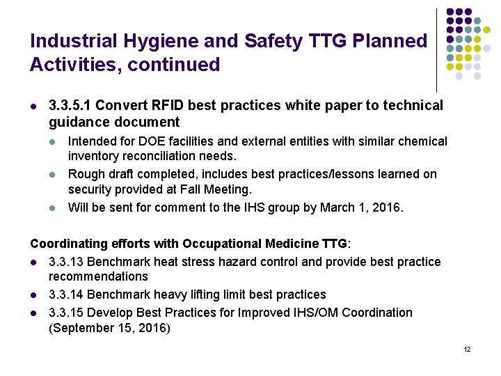 Industrial Hygiene and Safety TTG Planned Activities, continued l 3. 3. 5. 1 Convert