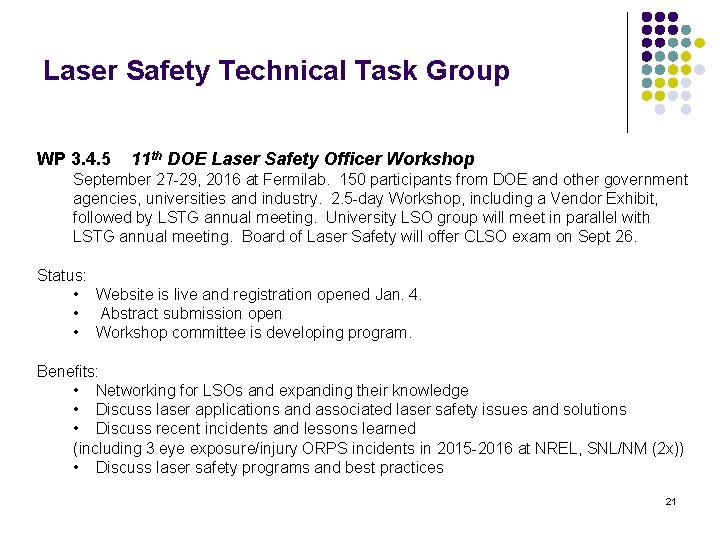 Laser Safety Technical Task Group WP 3. 4. 5 11 th DOE Laser Safety