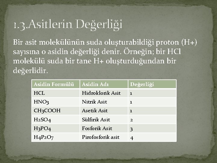 1. 3. Asitlerin Değerliği Bir asit molekülünün suda oluşturabildiği proton (H+) sayısına o asidin