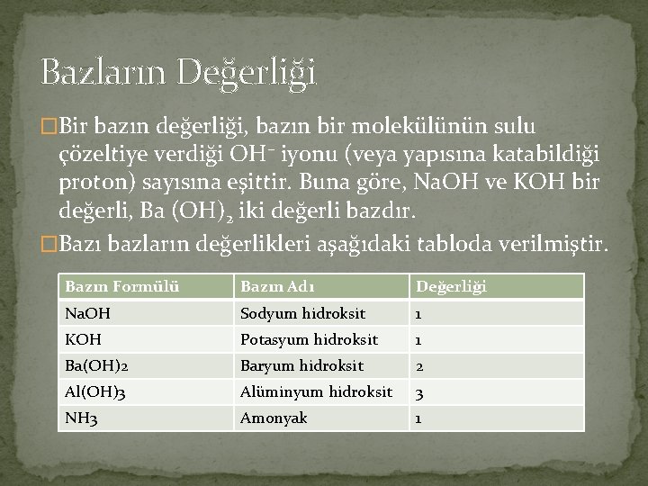 Bazların Değerliği �Bir bazın değerliği, bazın bir molekülünün sulu çözeltiye verdiği OH– iyonu (veya