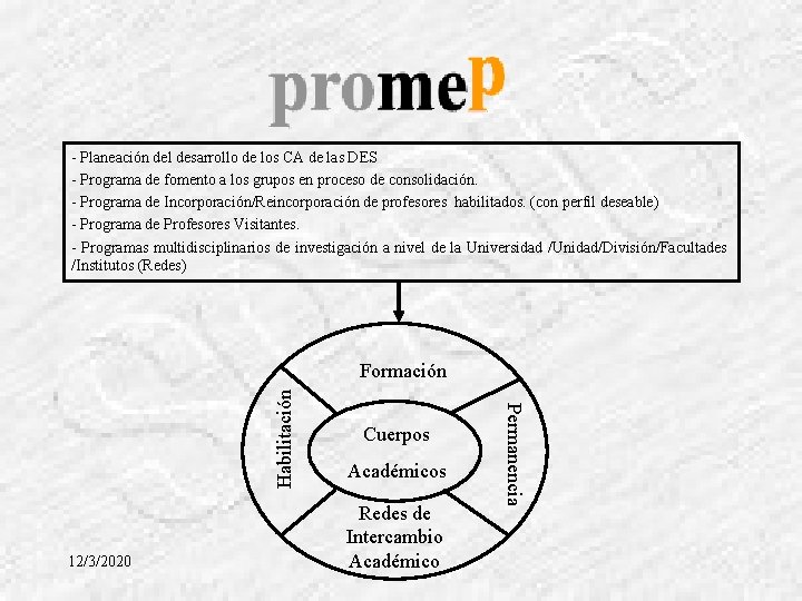 - Planeación del desarrollo de los CA de las DES - Programa de fomento