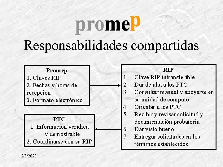 Responsabilidades compartidas Promep 1. Claves RIP 2. Fechas y horas de recepción 3. Formato