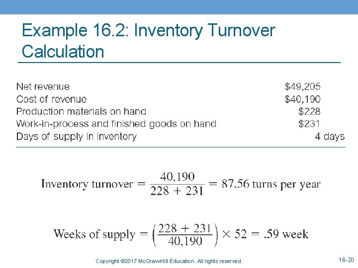 Example 16. 2: Inventory Turnover Calculation Copyright © 2017 Mc. Graw-Hill Education. All rights