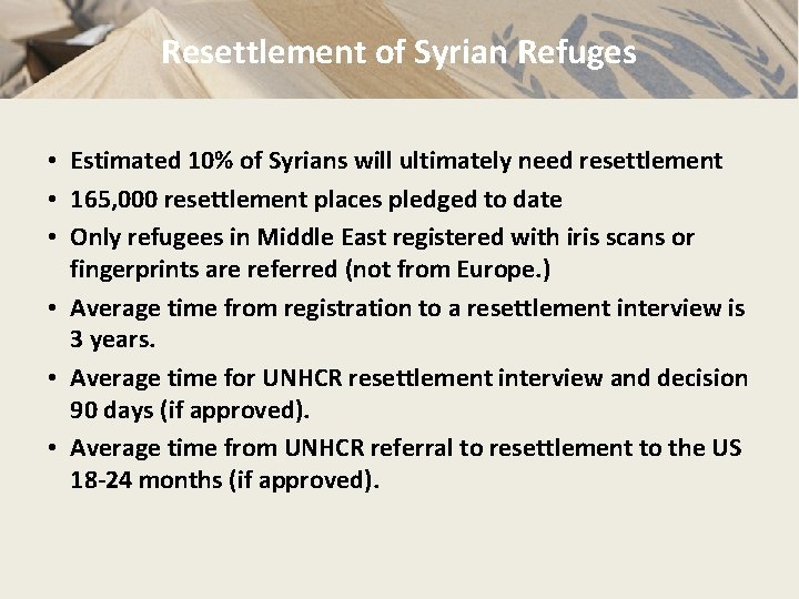 Resettlement of Syrian Refuges • Estimated 10% of Syrians will ultimately need resettlement •