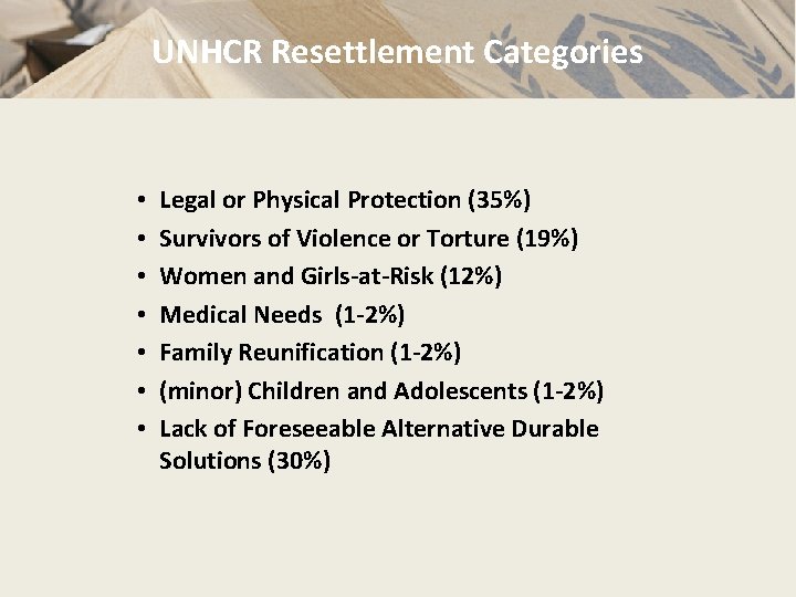 UNHCR Resettlement Categories • • Legal or Physical Protection (35%) Survivors of Violence or