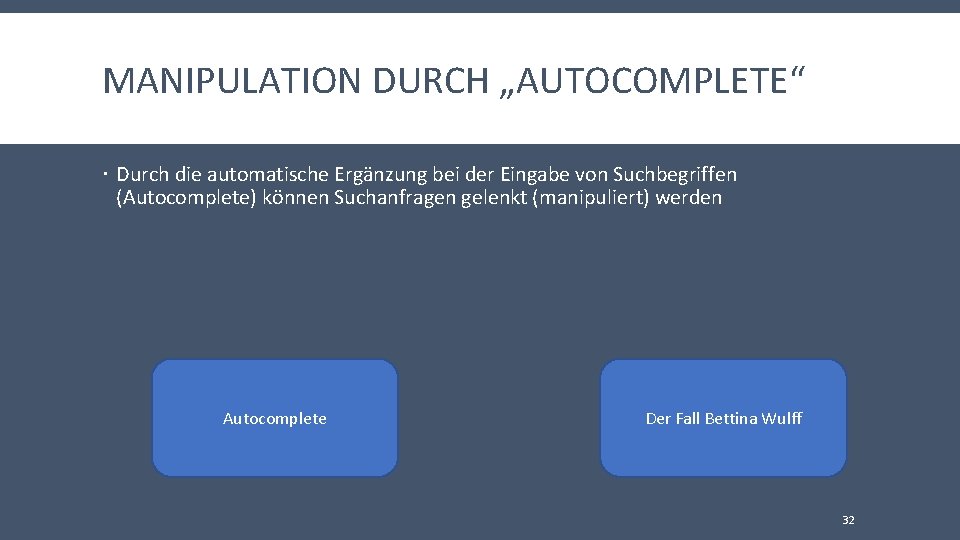 MANIPULATION DURCH „AUTOCOMPLETE“ Durch die automatische Ergänzung bei der Eingabe von Suchbegriffen (Autocomplete) können