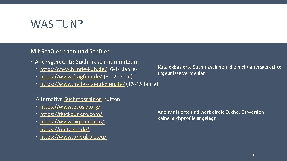 WAS TUN? Mit Schülerinnen und Schüler: Altersgerechte Suchmaschinen nutzen: Katalogbasierte Suchmaschinen, die nicht altersgerechte