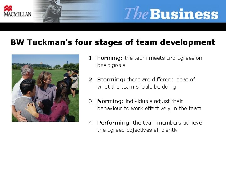 BW Tuckman’s four stages of team development 1 Forming: the team meets and agrees