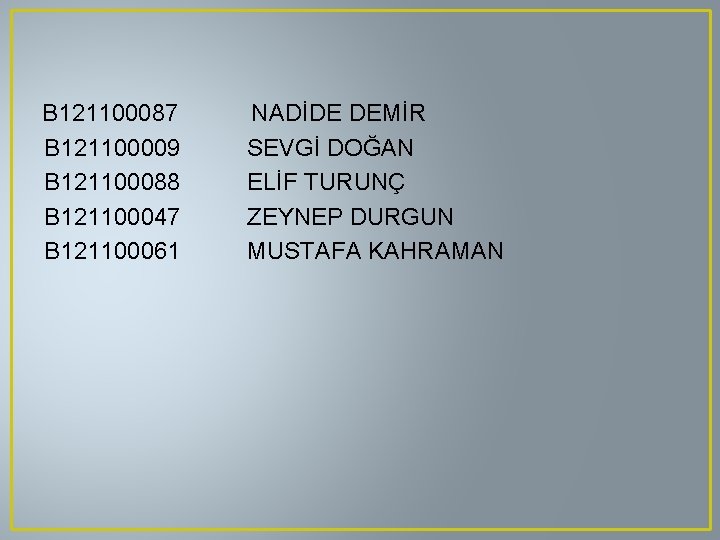  B 121100087 NADİDE DEMİR B 121100009 SEVGİ DOĞAN B 121100088 ELİF TURUNÇ B